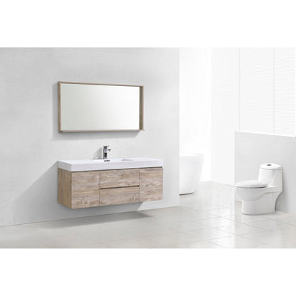 KubeBath Bliss 60" Nature Wood Wall-Mounted Modern Bathroom Vanity With Single Integrated Acrylic Sink With Overflow and 60" Wood Framed Mirror With Shelf