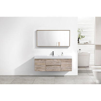 KubeBath Bliss 60" Nature Wood Wall-Mounted Modern Bathroom Vanity With Single Integrated Acrylic Sink With Overflow and 60" Wood Framed Mirror With Shelf