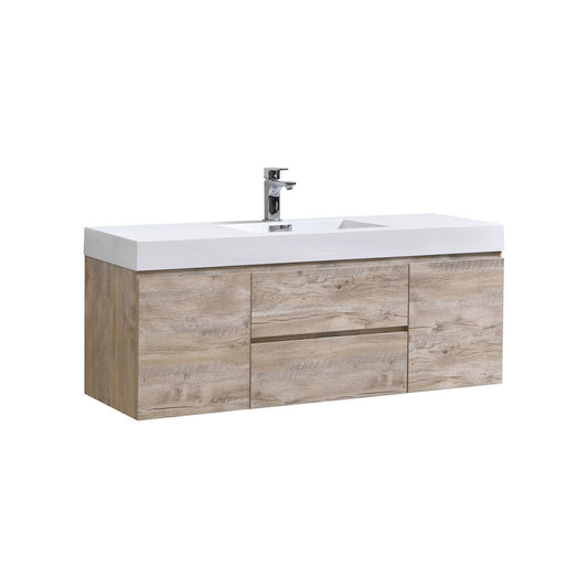 KubeBath Bliss 60" Nature Wood Wall-Mounted Modern Bathroom Vanity With Single Integrated Acrylic Sink With Overflow and 60" Wood Framed Mirror With Shelf