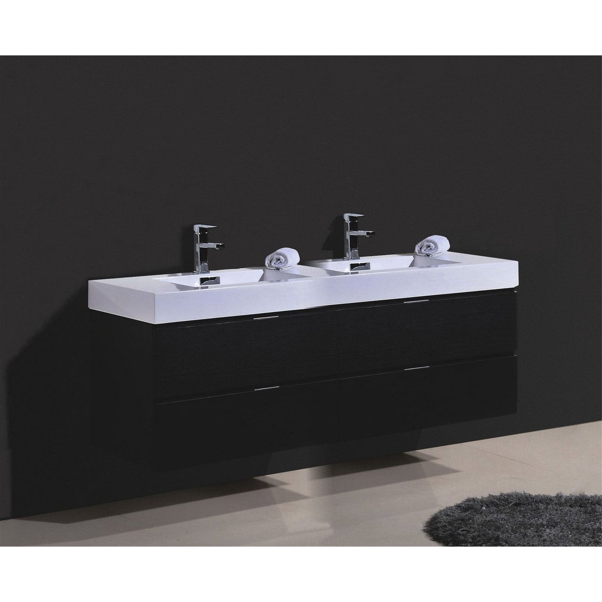 KubeBath Bliss 72" Black Wall-Mounted Modern Bathroom Vanity With Double Integrated Acrylic Sink With Overflow and 22" Black Framed Two Mirrors With Shelf
