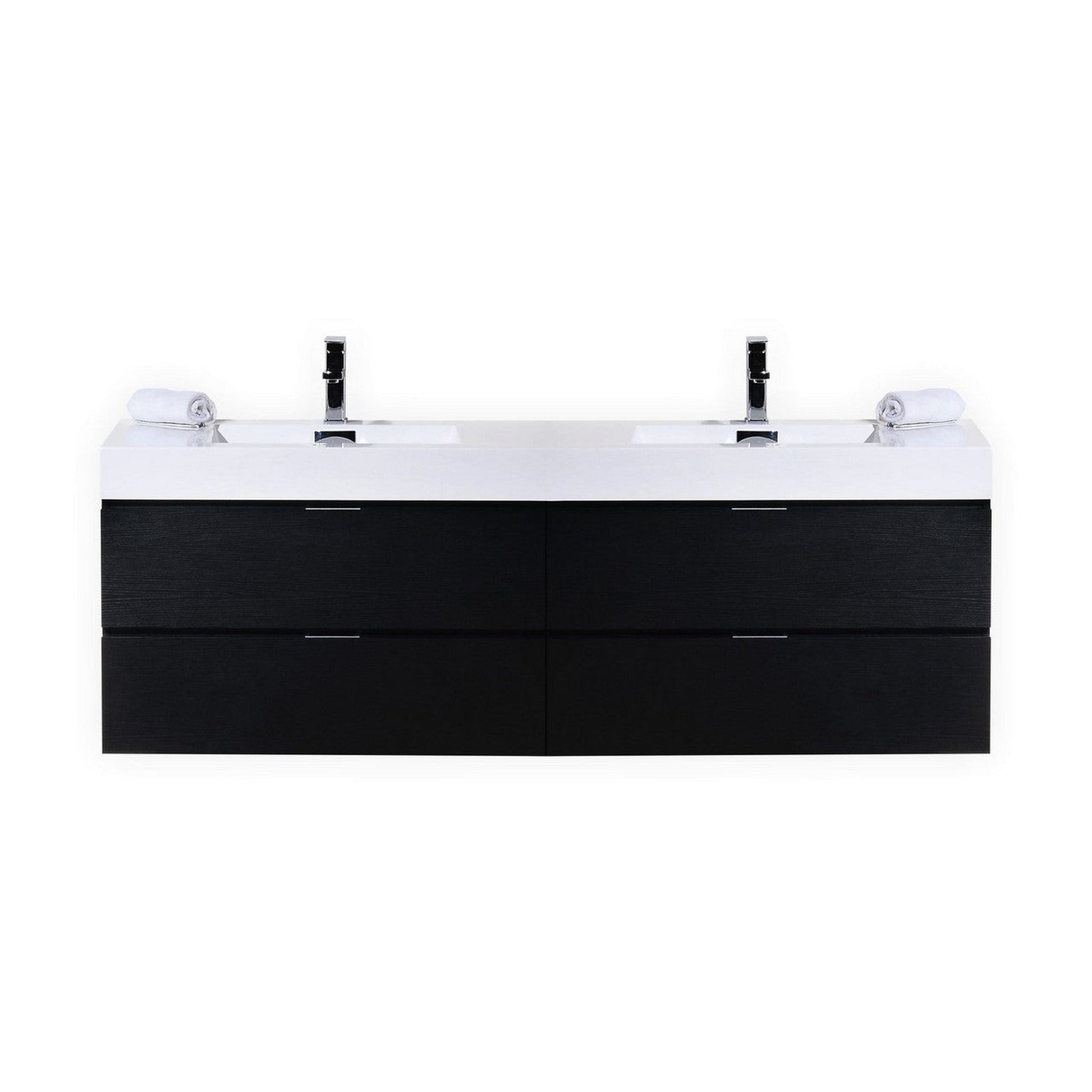 KubeBath Bliss 72" Black Wall-Mounted Modern Bathroom Vanity With Double Integrated Acrylic Sink With Overflow and 22" Black Framed Two Mirrors With Shelf