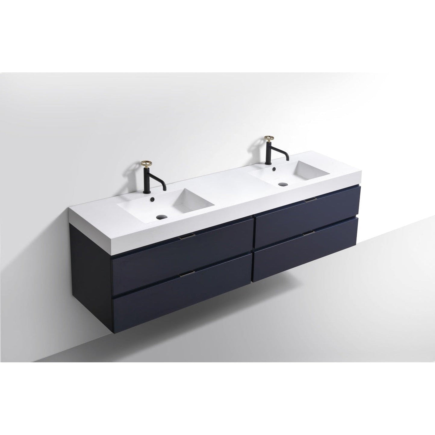 KubeBath Bliss 72" Blue Wall-Mounted Modern Bathroom Vanity With Double Integrated Acrylic Sink With Overflow and 24" White Framed Two Mirrors With Shelf