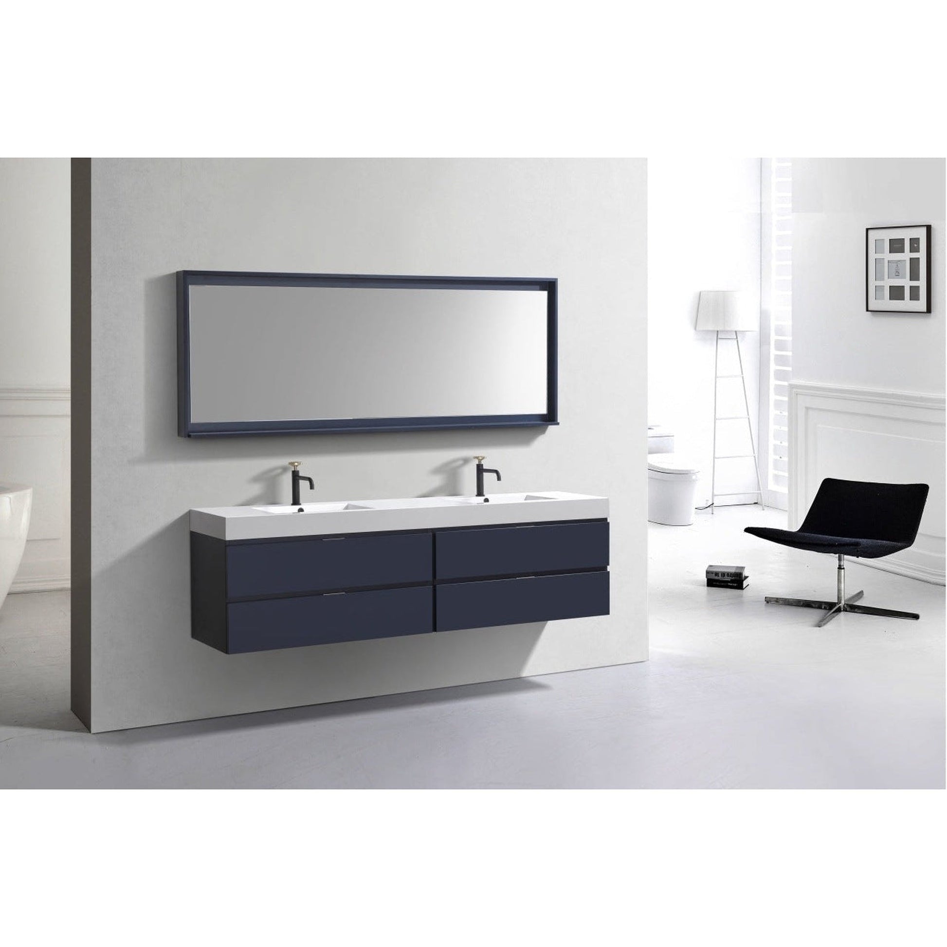 KubeBath Bliss 72" Blue Wall-Mounted Modern Bathroom Vanity With Double Integrated Acrylic Sink With Overflow and 24" White Framed Two Mirrors With Shelf