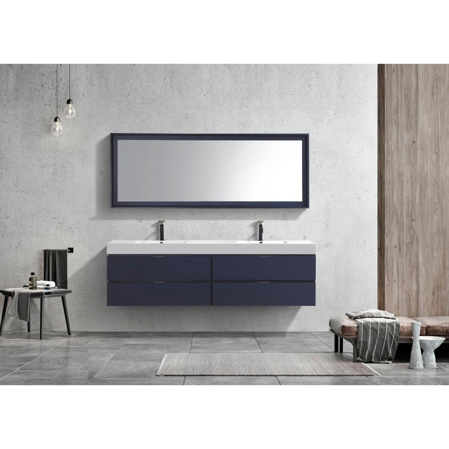 KubeBath Bliss 72" Blue Wall-Mounted Modern Bathroom Vanity With Double Integrated Acrylic Sink With Overflow and 24" White Framed Two Mirrors With Shelf