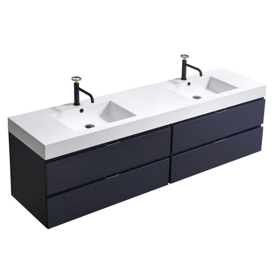 KubeBath Bliss 72" Blue Wall-Mounted Modern Bathroom Vanity With Double Integrated Acrylic Sink With Overflow and 24" White Framed Two Mirrors With Shelf