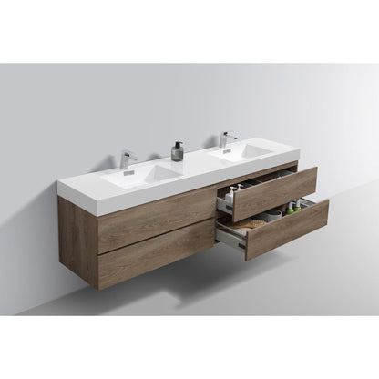 KubeBath Bliss 72" Butternut Wall-Mounted Modern Bathroom Vanity With Double Integrated Acrylic Sink With Overflow and 60" Framed Mirror With Shelf
