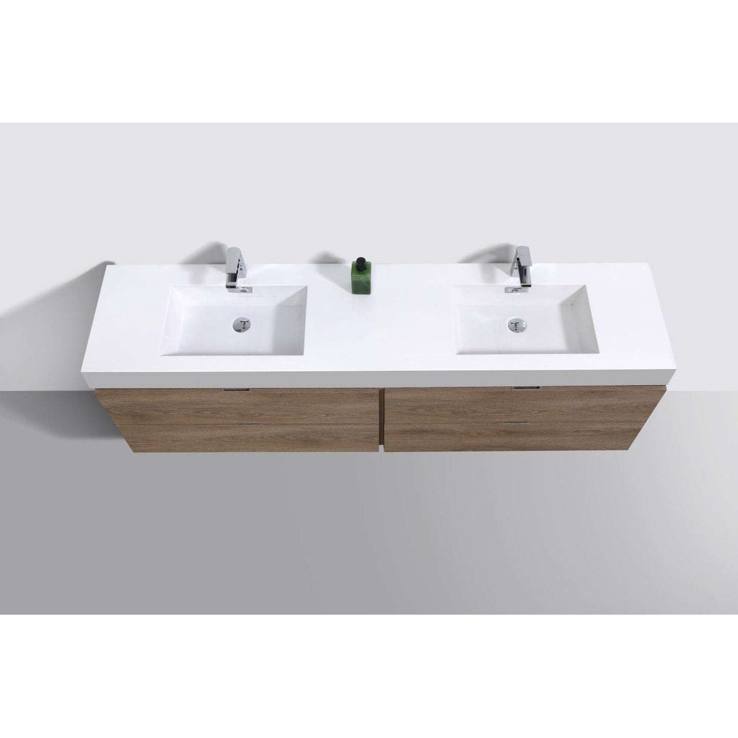 KubeBath Bliss 72" Butternut Wall-Mounted Modern Bathroom Vanity With Double Integrated Acrylic Sink With Overflow and 60" Framed Mirror With Shelf
