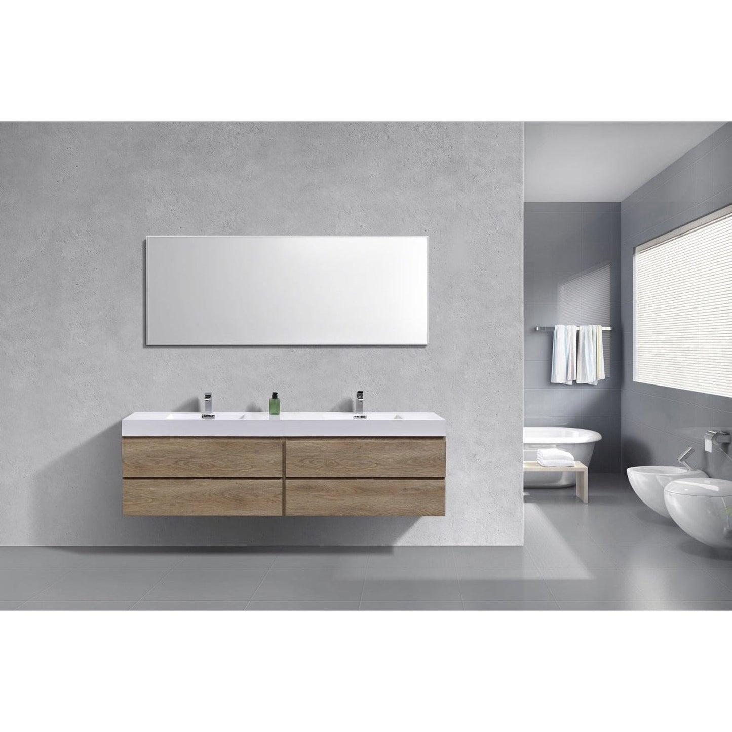 KubeBath Bliss 72" Butternut Wall-Mounted Modern Bathroom Vanity With Double Integrated Acrylic Sink With Overflow and 60" Framed Mirror With Shelf