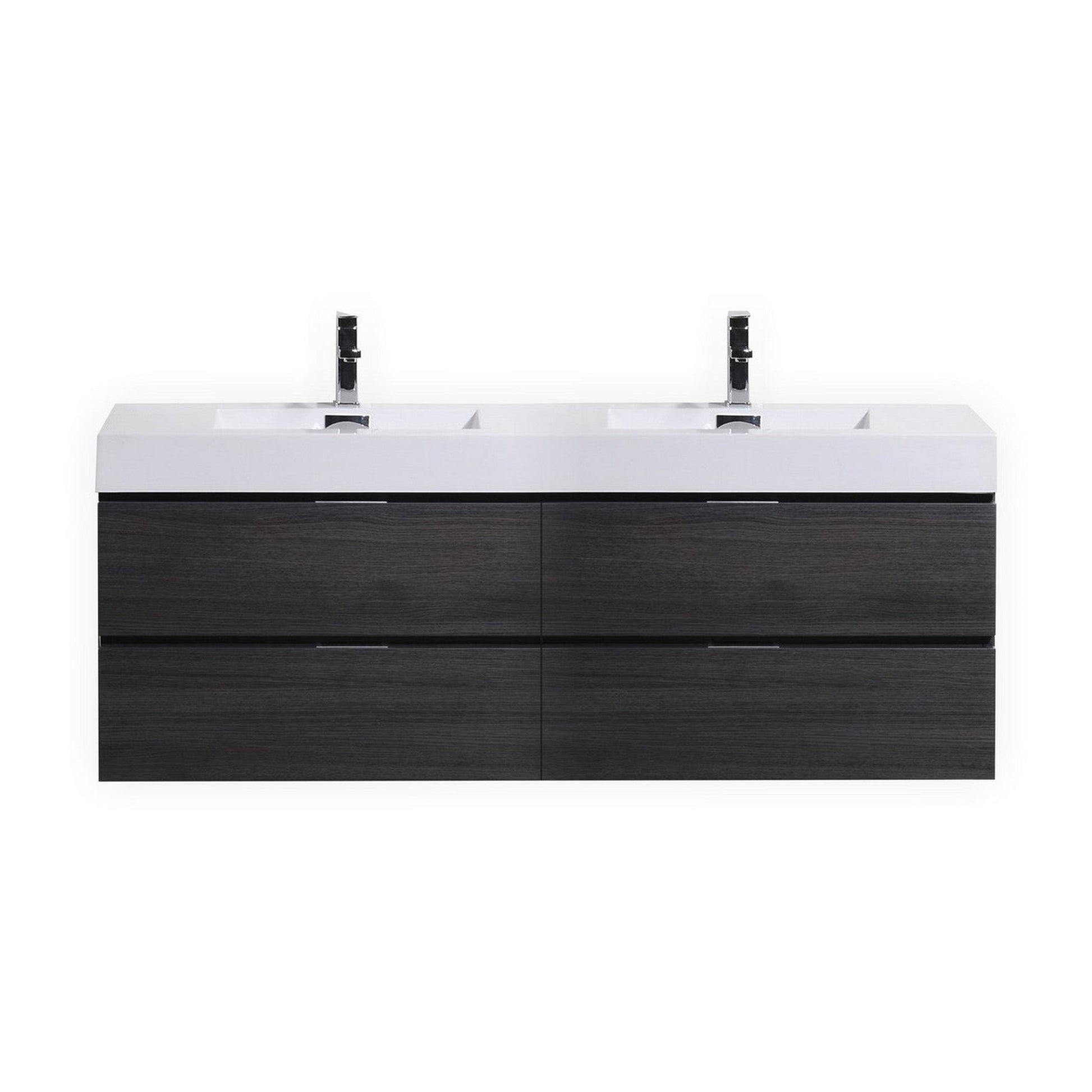 KubeBath Bliss 72" Gray Oak Wall-Mounted Modern Bathroom Vanity With Double Integrated Acrylic Sink With Overflow and 22" Gray Oak Framed Two Mirrors With Shelf