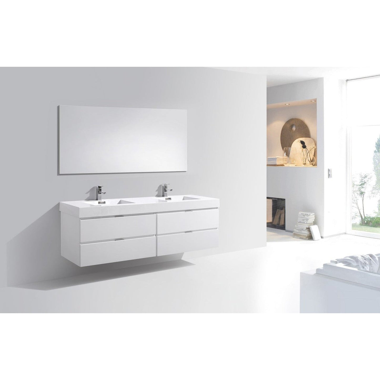 KubeBath Bliss 72" High Gloss White Wall-Mounted Modern Bathroom Vanity With Double Integrated Acrylic Sink With Overflow and 24" White Framed Two Mirrors
