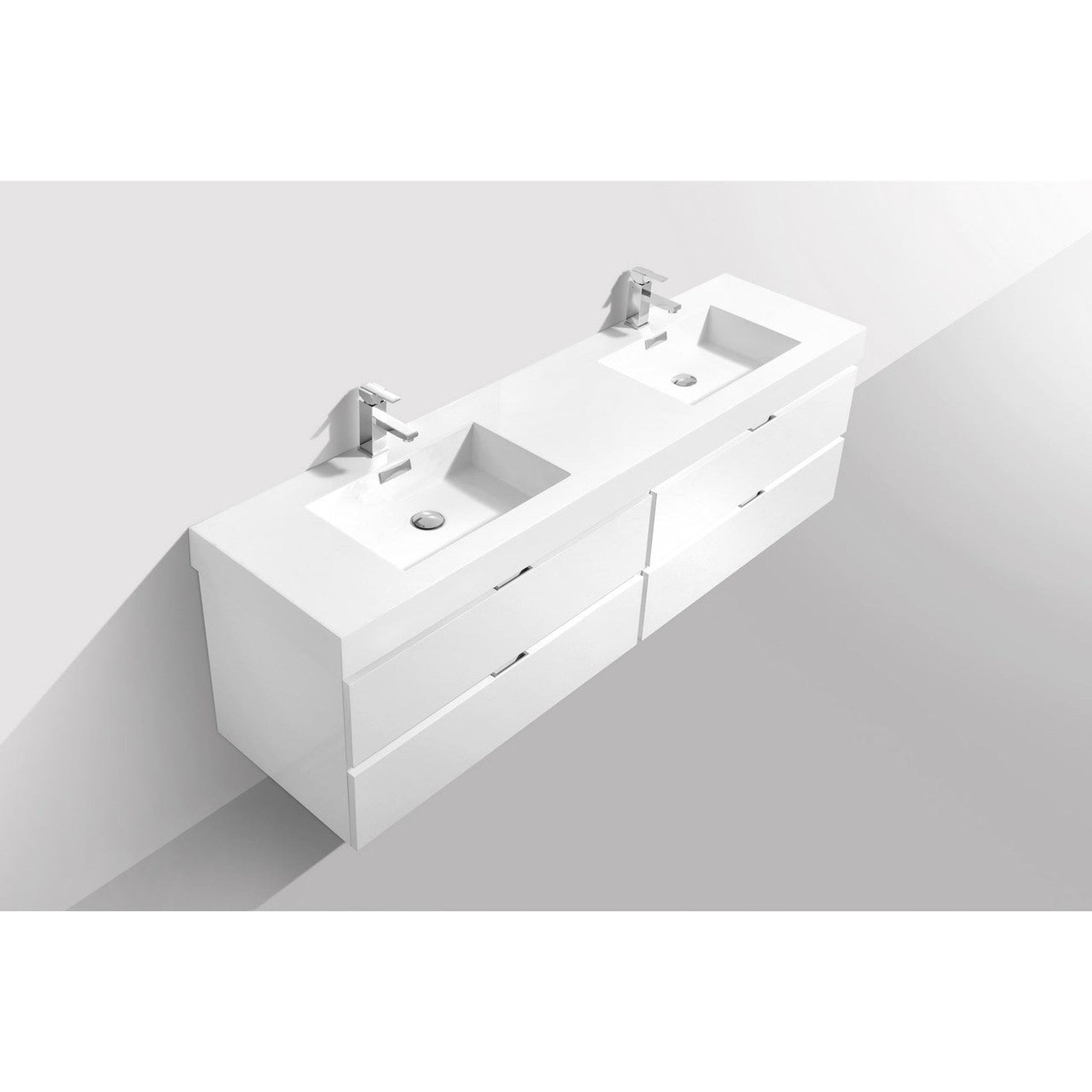 KubeBath Bliss 72" High Gloss White Wall-Mounted Modern Bathroom Vanity With Double Integrated Acrylic Sink With Overflow and 24" White Framed Two Mirrors