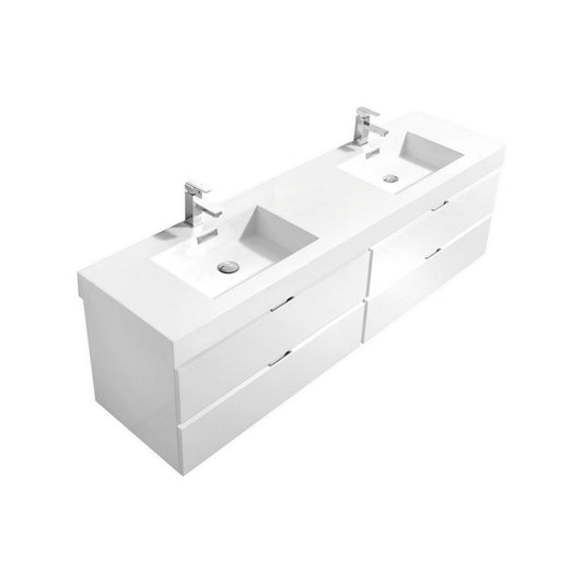 KubeBath Bliss 72" High Gloss White Wall-Mounted Modern Bathroom Vanity With Double Integrated Acrylic Sink With Overflow and 24" White Framed Two Mirrors