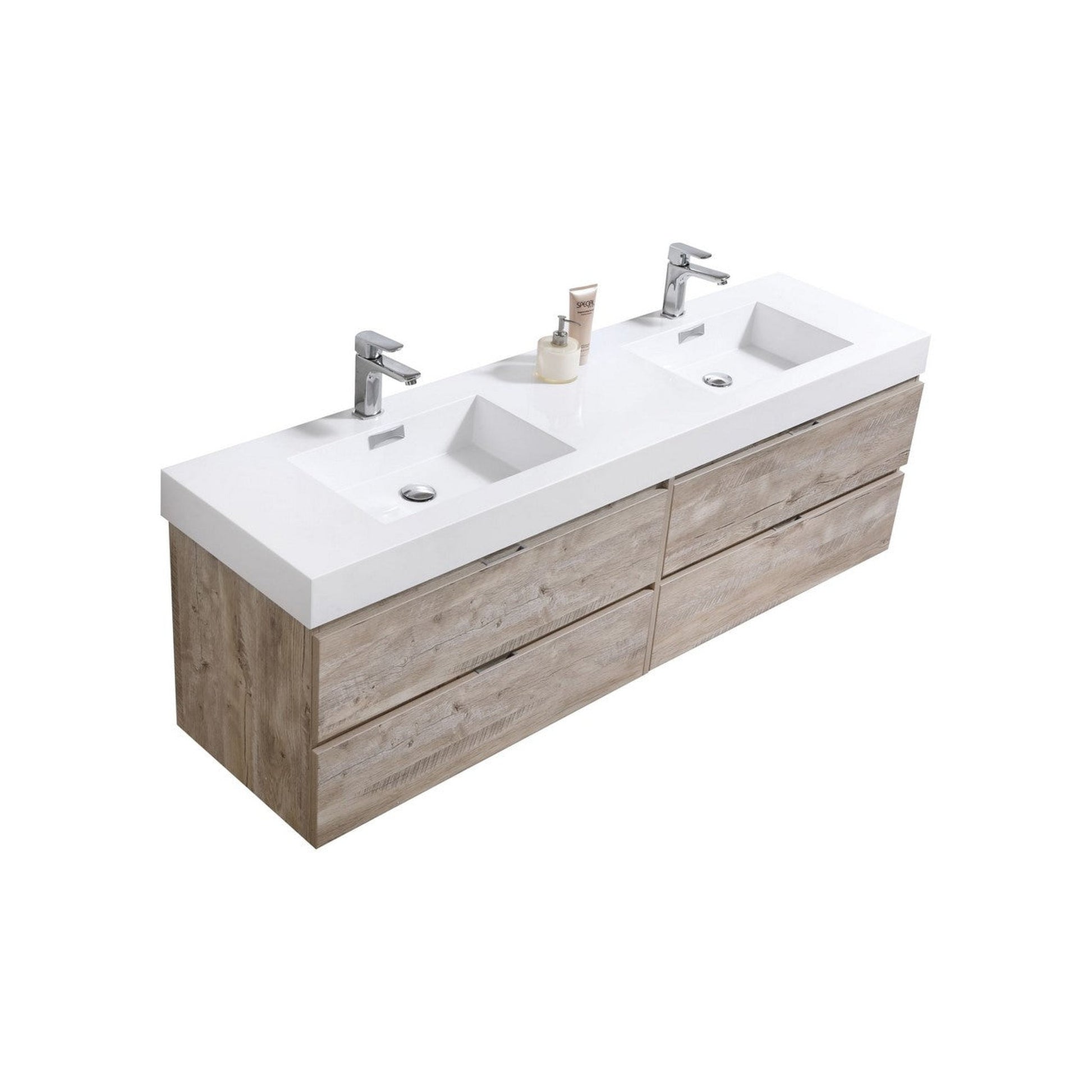 KubeBath Bliss 72" Nature Wood Wall-Mounted Modern Bathroom Vanity With Double Integrated Acrylic Sink With Overflow and 24" Two Framed Mirrors