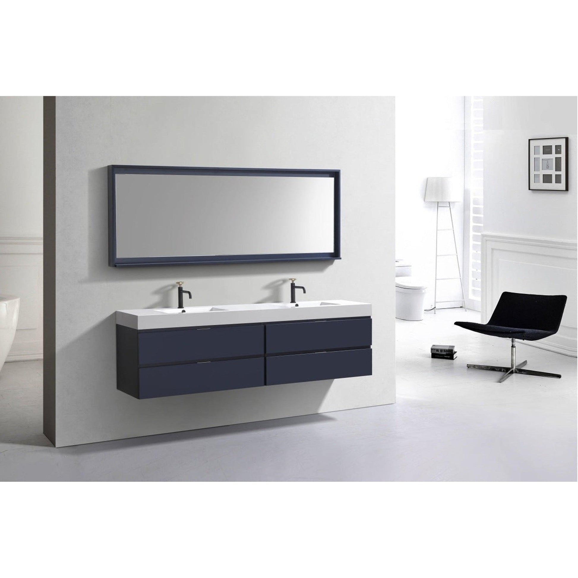 KubeBath Bliss 80" Blue Wall-Mounted Modern Bathroom Vanity With Double Integrated Acrylic Sink With Overflow and 24" White Framed Two Mirrors With Shelf