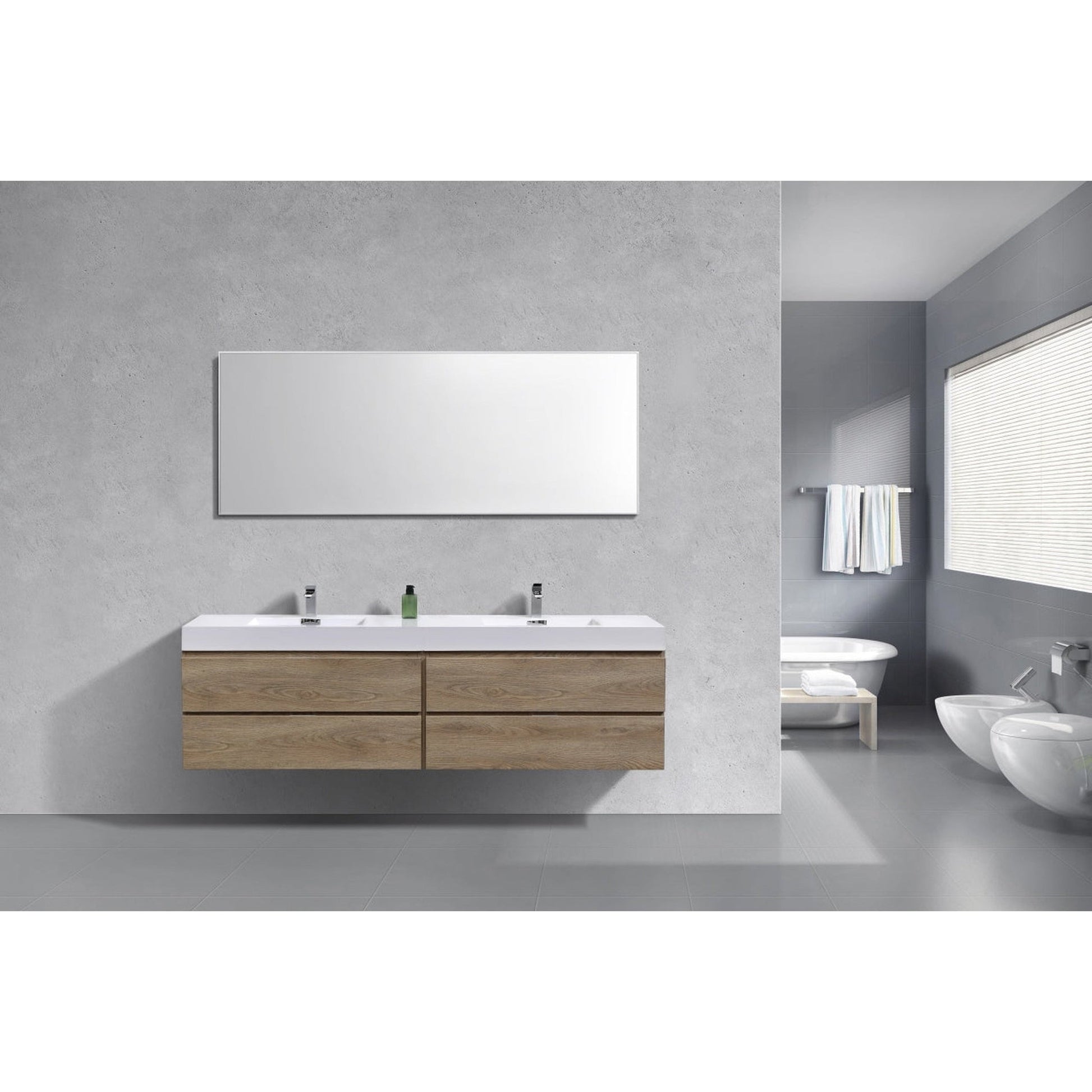 KubeBath Bliss 80" Butternut Wall-Mounted Modern Bathroom Vanity With Double Integrated Acrylic Sink With Overflow