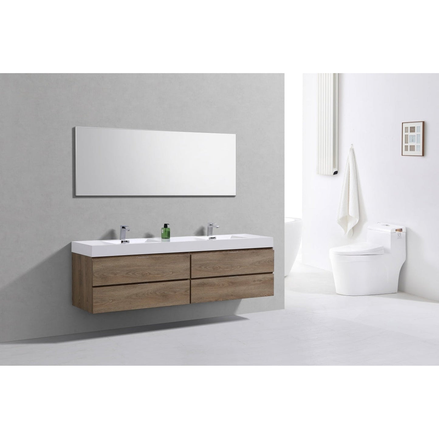 KubeBath Bliss 80" Butternut Wall-Mounted Modern Bathroom Vanity With Double Integrated Acrylic Sink With Overflow and 24" Two Framed Mirrors With Shelf