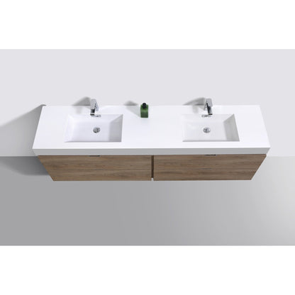 KubeBath Bliss 80" Butternut Wall-Mounted Modern Bathroom Vanity With Double Integrated Acrylic Sink With Overflow and 24" Two Framed Mirrors With Shelf