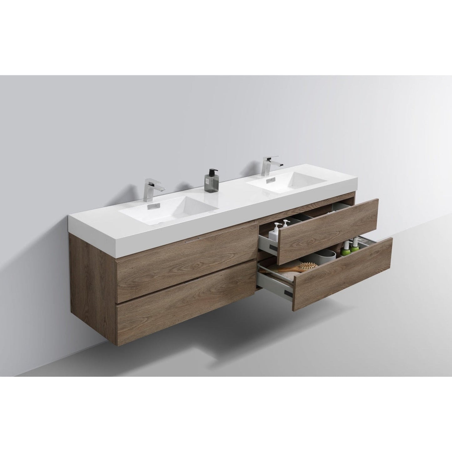 KubeBath Bliss 80" Butternut Wall-Mounted Modern Bathroom Vanity With Double Integrated Acrylic Sink With Overflow and 24" Two Framed Mirrors With Shelf