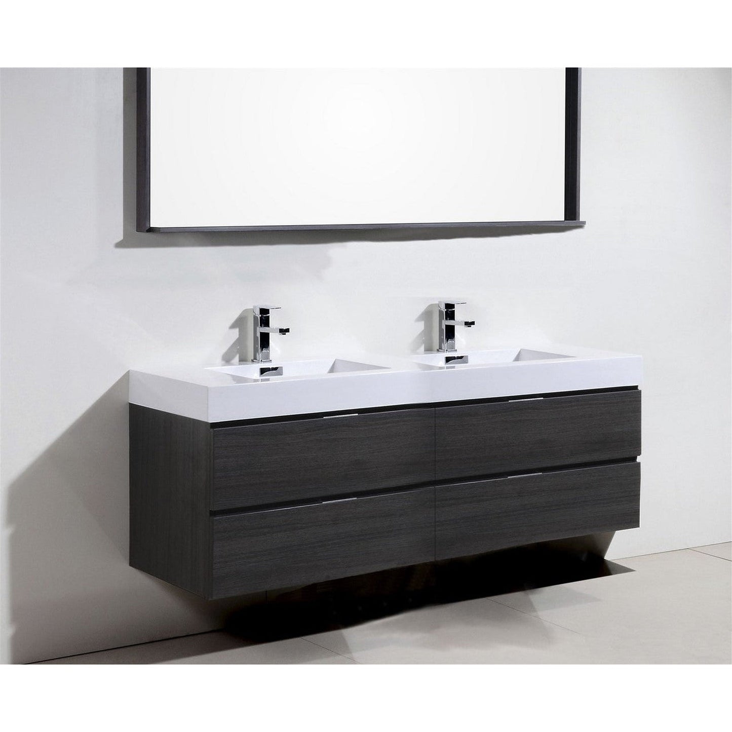 KubeBath Bliss 80" Gray Oak Wall-Mounted Modern Bathroom Vanity With Double Integrated Acrylic Sink With Overflow and 22" Gray Oak Framed Two Mirrors With Shelf