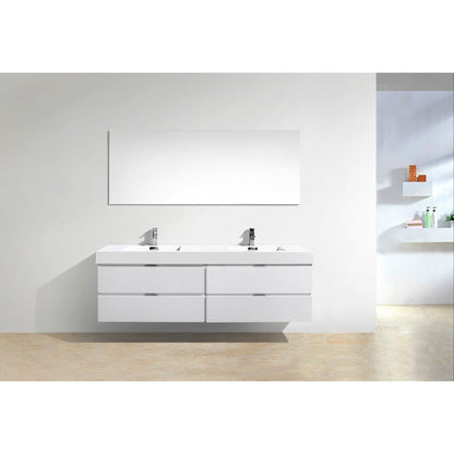 KubeBath Bliss 80" High Gloss White Wall-Mounted Modern Bathroom Vanity With Double Integrated Acrylic Sink With Overflow and 24" White Framed Two Mirrors With Shelf