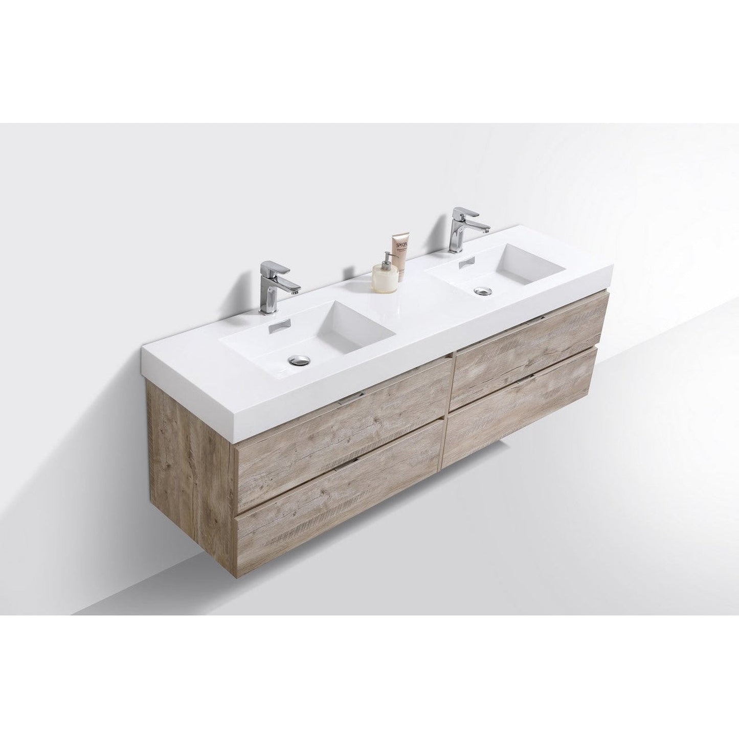 KubeBath Bliss 80" Nature Wood Wall-Mounted Modern Bathroom Vanity With Double Integrated Acrylic Sink With Overflow