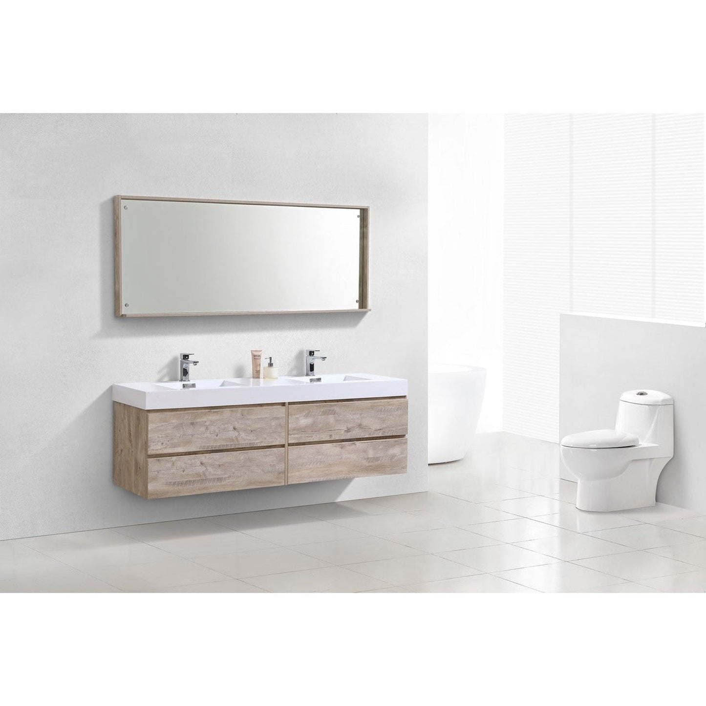 KubeBath Bliss 80" Nature Wood Wall-Mounted Modern Bathroom Vanity With Double Integrated Acrylic Sink With Overflow and 24" Two Framed Mirrors With Shelf