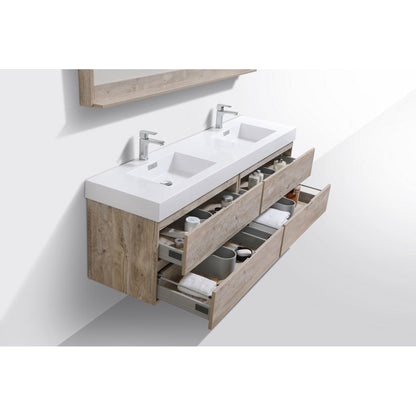 KubeBath Bliss 80" Nature Wood Wall-Mounted Modern Bathroom Vanity With Double Integrated Acrylic Sink With Overflow and 24" Two Framed Mirrors With Shelf