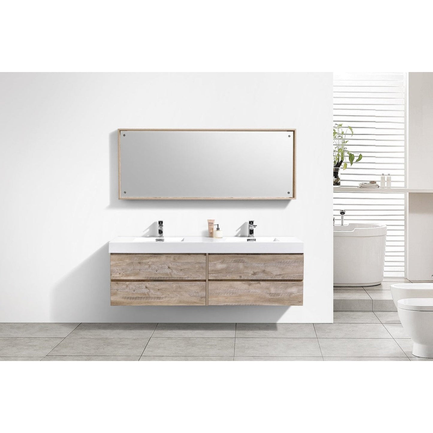 KubeBath Bliss 80" Nature Wood Wall-Mounted Modern Bathroom Vanity With Double Integrated Acrylic Sink With Overflow and 24" Two Framed Mirrors With Shelf