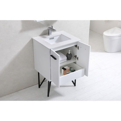 KubeBath Bosco 24" High Gloss White Modern Freestanding Bathroom Vanity With Single Undermount Sink With Overflow