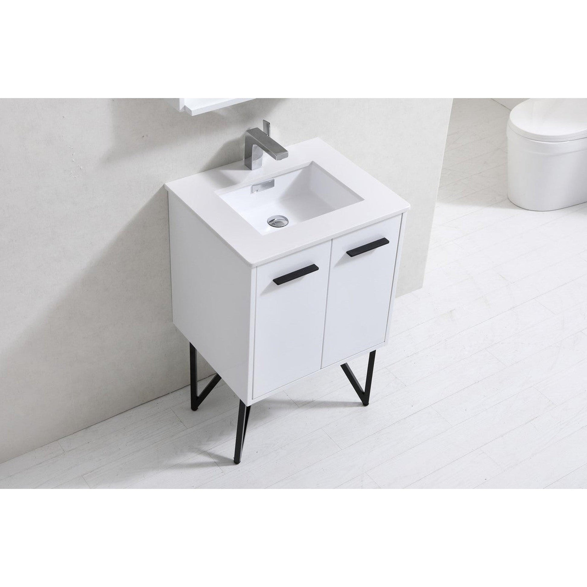 KubeBath Bosco 24" High Gloss White Modern Freestanding Bathroom Vanity With Single Undermount Sink With Overflow