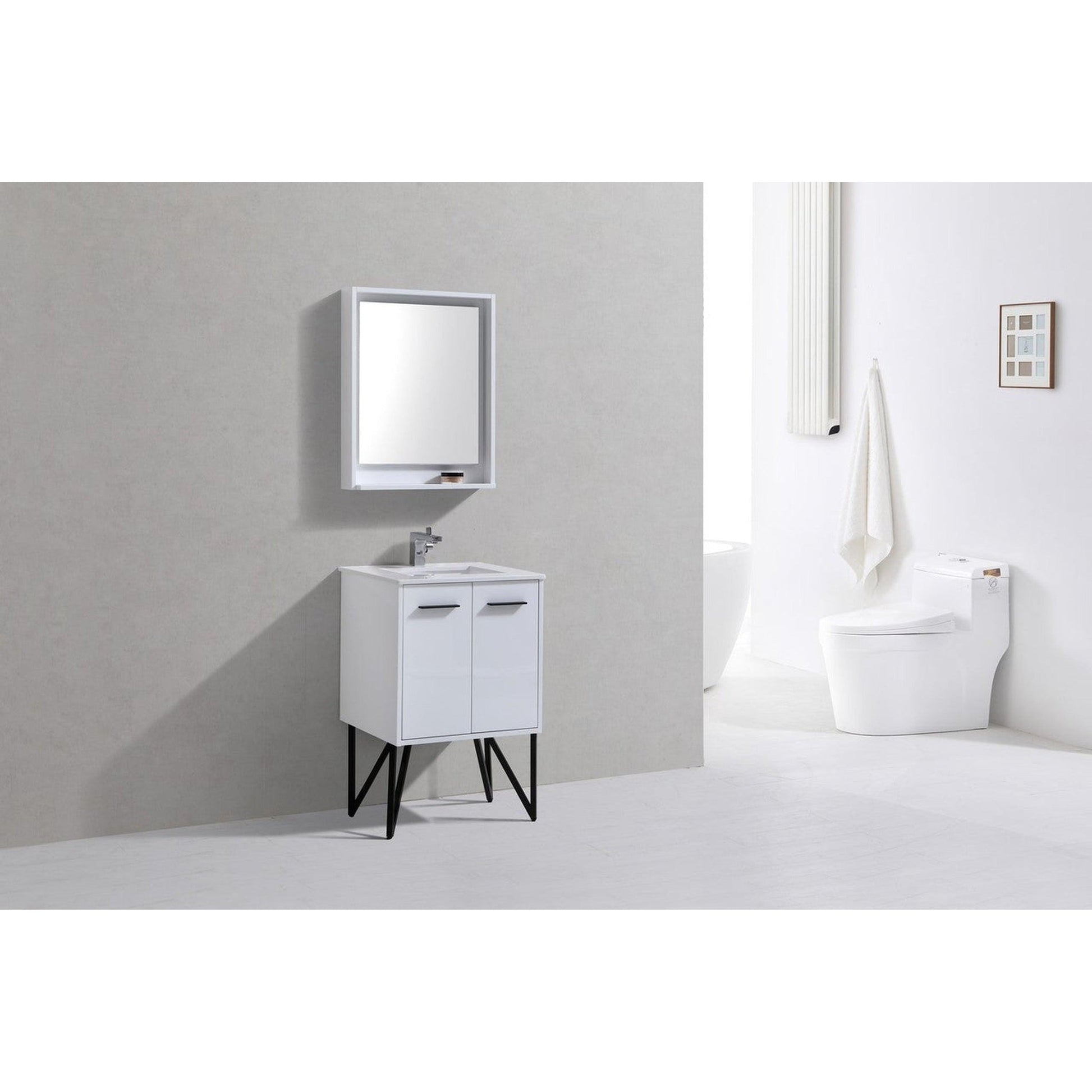 KubeBath Bosco 24" High Gloss White Modern Freestanding Bathroom Vanity With Single Undermount Sink With Overflow