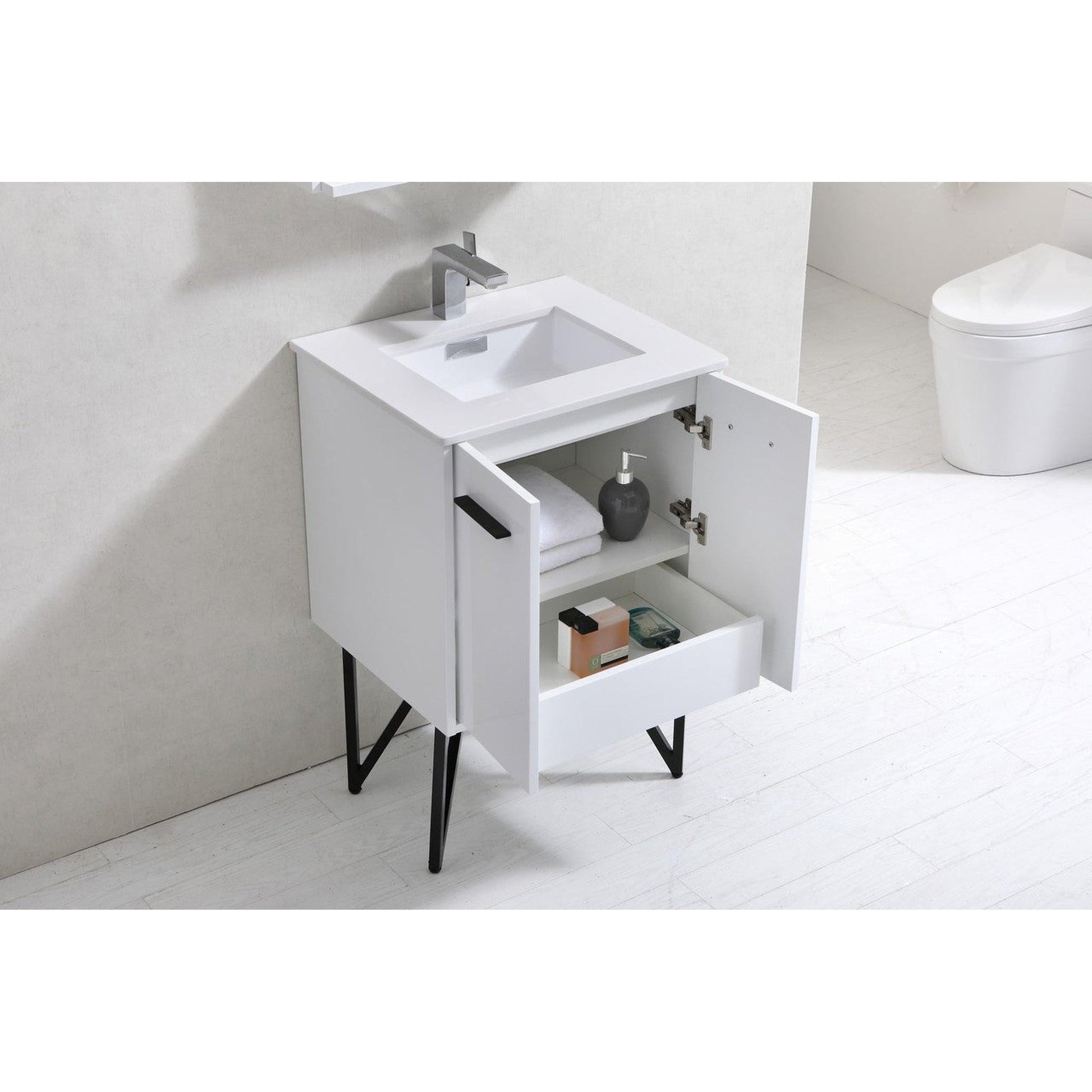 KubeBath Bosco 24" High Gloss White Modern Freestanding Bathroom Vanity With Single Undermount Sink With Overflow and 24" White Framed Mirror