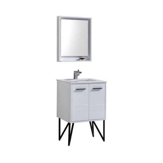 KubeBath Bosco 24" High Gloss White Modern Freestanding Bathroom Vanity With Single Undermount Sink With Overflow and 24" White Framed Mirror