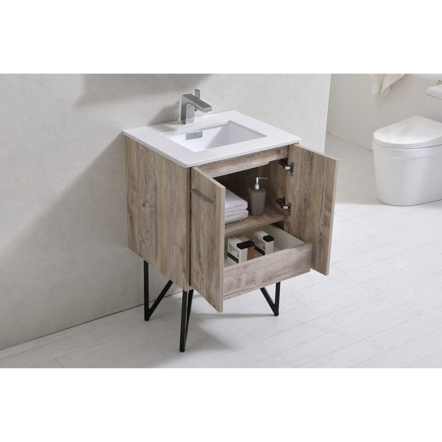 KubeBath Bosco 24" Nature Wood Modern Freestanding Bathroom Vanity With Single Undermount Sink With Overflow and 24" Narure Wood Framed Mirror