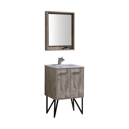 KubeBath Bosco 24" Nature Wood Modern Freestanding Bathroom Vanity With Single Undermount Sink With Overflow and 24" Narure Wood Framed Mirror