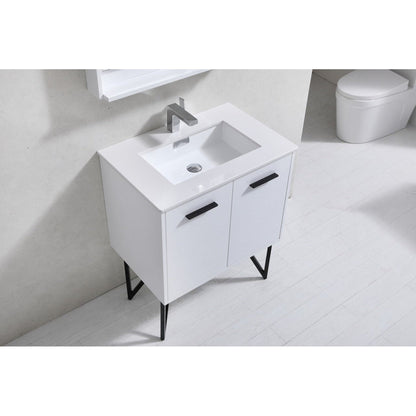 KubeBath Bosco 30" High Gloss White Modern Freestanding Bathroom Vanity With Single Undermount Sink With Overflow