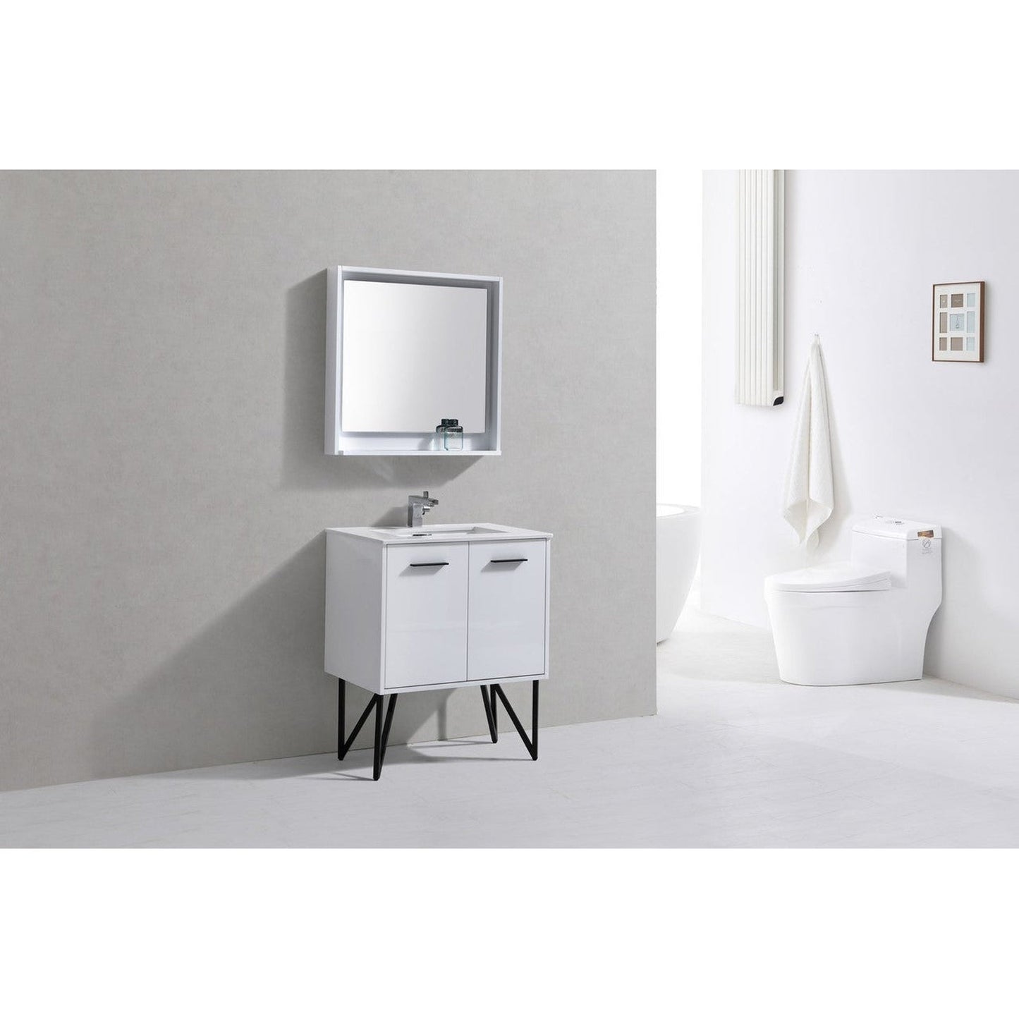 KubeBath Bosco 30" High Gloss White Modern Freestanding Bathroom Vanity With Single Undermount Sink With Overflow and 30" White Framed Mirror
