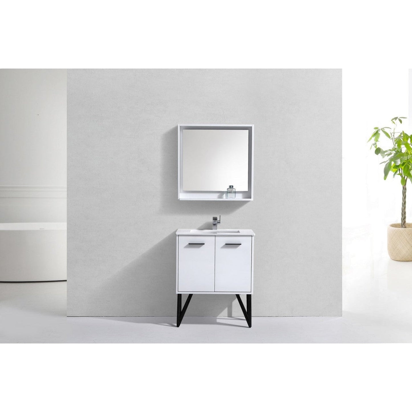 KubeBath Bosco 30" High Gloss White Modern Freestanding Bathroom Vanity With Single Undermount Sink With Overflow and 30" White Framed Mirror