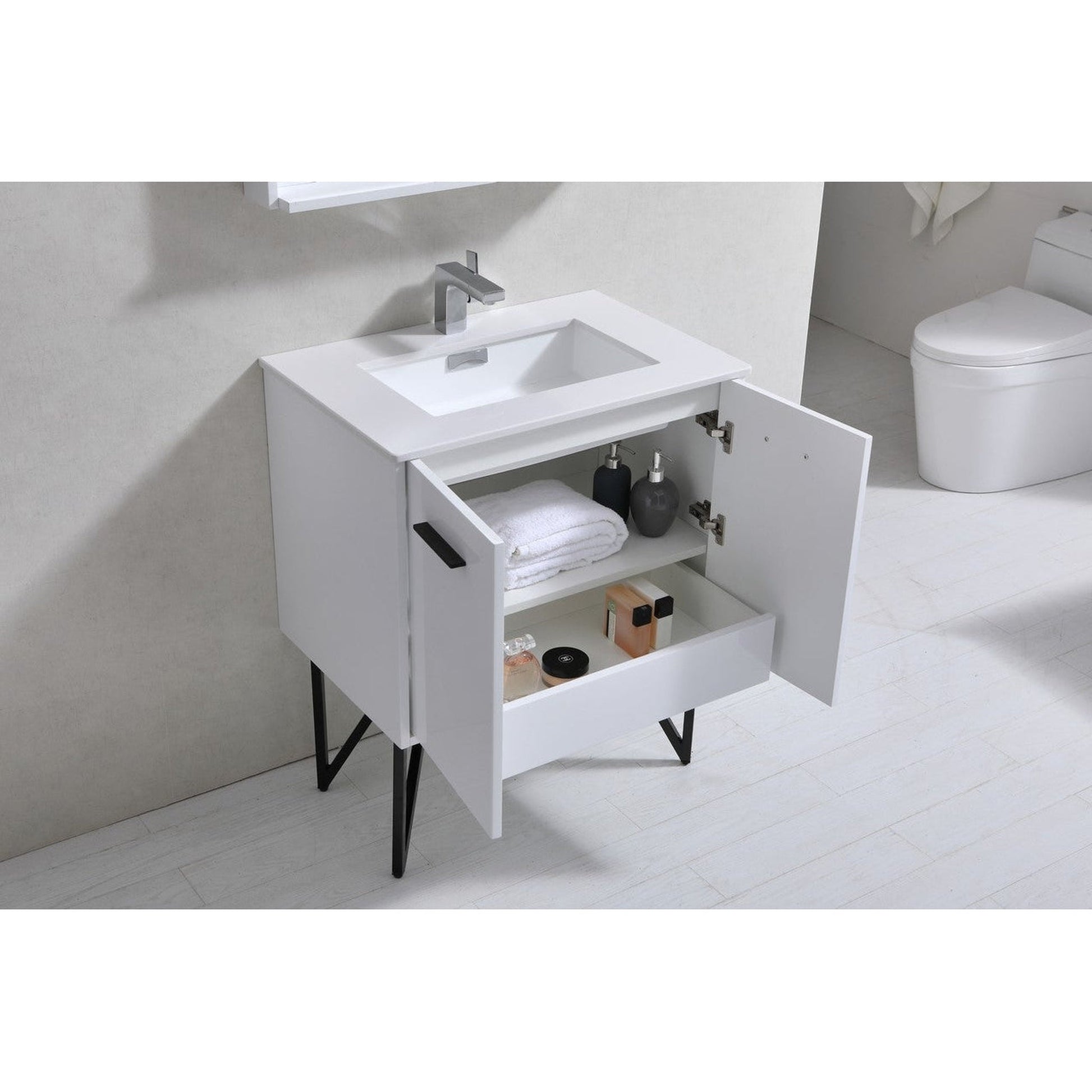 KubeBath Bosco 30" High Gloss White Modern Freestanding Bathroom Vanity With Single Undermount Sink With Overflow and 30" White Framed Mirror