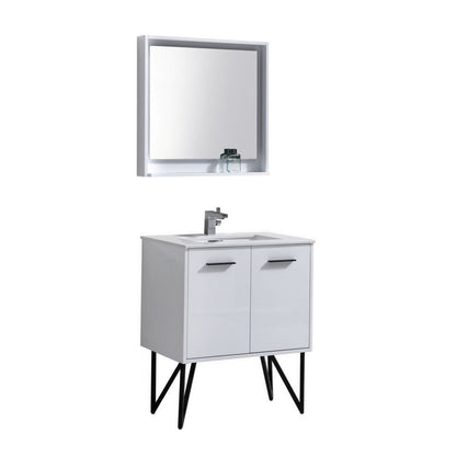KubeBath Bosco 30" High Gloss White Modern Freestanding Bathroom Vanity With Single Undermount Sink With Overflow and 30" White Framed Mirror