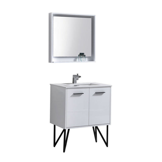 KubeBath Bosco 30" High Gloss White Modern Freestanding Bathroom Vanity With Single Undermount Sink With Overflow