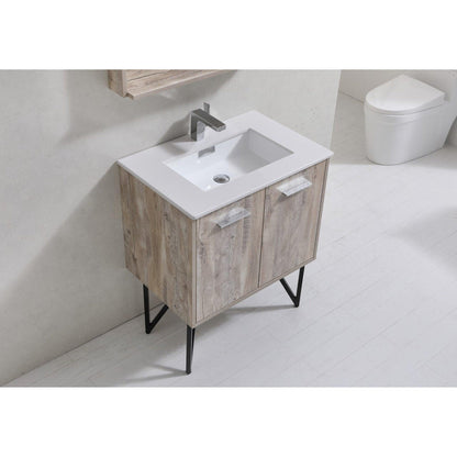 KubeBath Bosco 30" Nature Wood Modern Freestanding Bathroom Vanity With Single Undermount Sink With Overflow