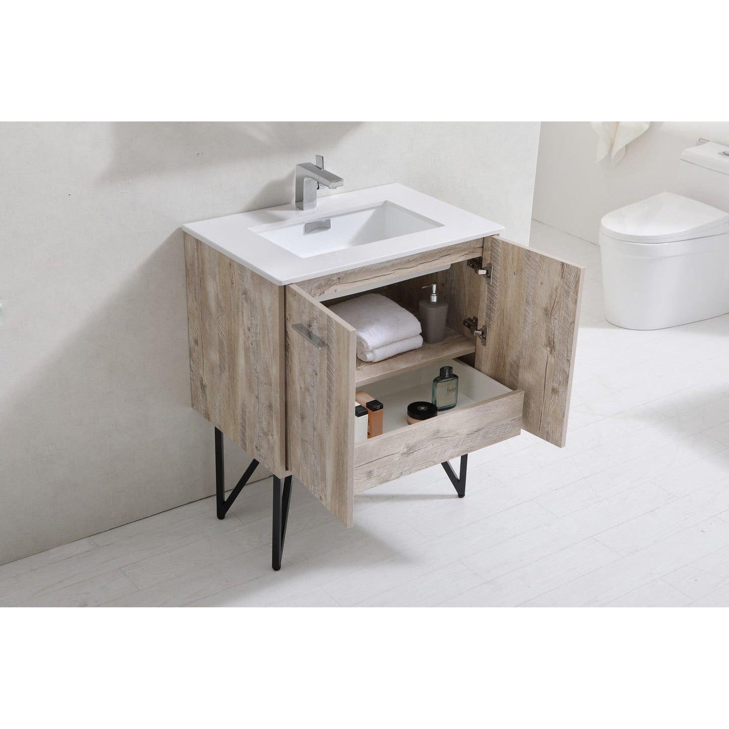 KubeBath Bosco 30" Nature Wood Modern Freestanding Bathroom Vanity With Single Undermount Sink With Overflow