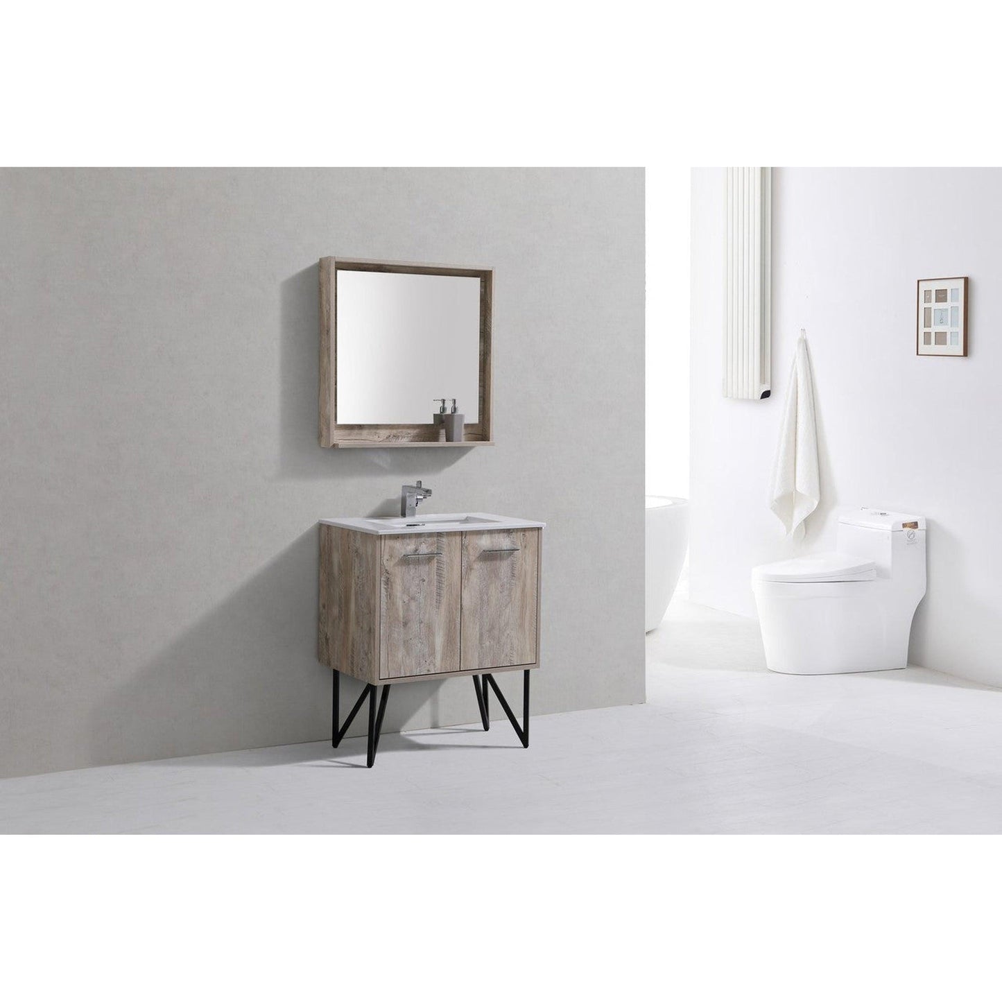 KubeBath Bosco 30" Nature Wood Modern Freestanding Bathroom Vanity With Single Undermount Sink With Overflow and 30" Narure Wood Framed Mirror