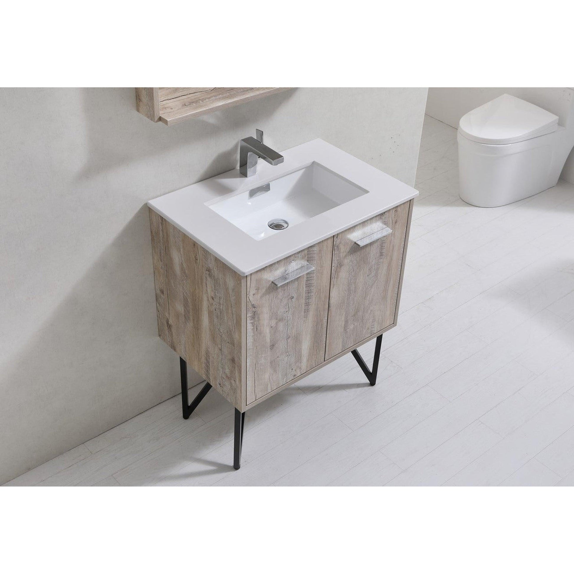 KubeBath Bosco 30" Nature Wood Modern Freestanding Bathroom Vanity With Single Undermount Sink With Overflow and 30" Narure Wood Framed Mirror
