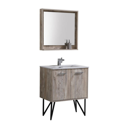 KubeBath Bosco 30" Nature Wood Modern Freestanding Bathroom Vanity With Single Undermount Sink With Overflow and 30" Narure Wood Framed Mirror