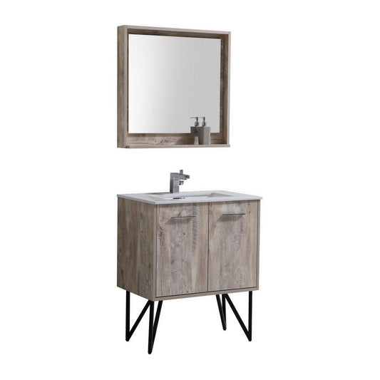 KubeBath Bosco 30" Nature Wood Modern Freestanding Bathroom Vanity With Single Undermount Sink With Overflow