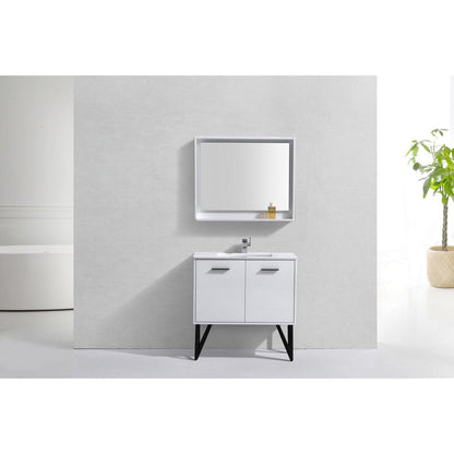 KubeBath Bosco 36" High Gloss White Modern Freestanding Bathroom Vanity With Single Undermount Sink With Overflow