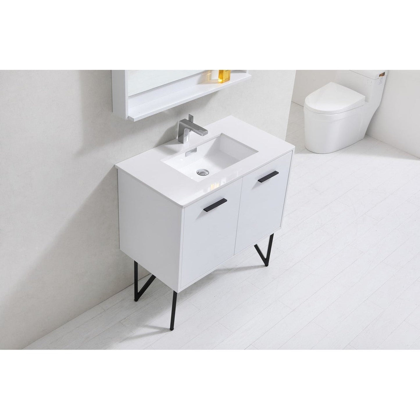 KubeBath Bosco 36" High Gloss White Modern Freestanding Bathroom Vanity With Single Undermount Sink With Overflow