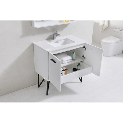 KubeBath Bosco 36" High Gloss White Modern Freestanding Bathroom Vanity With Single Undermount Sink With Overflow